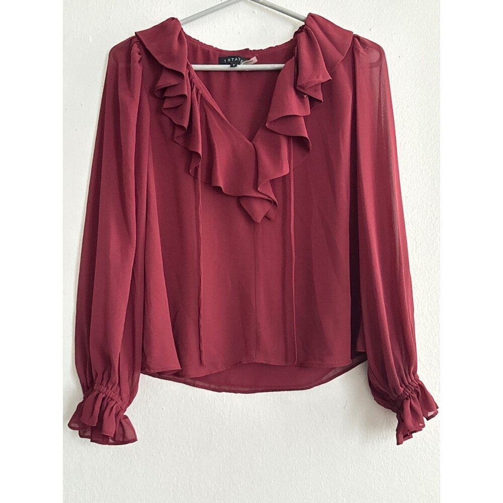 Smocked Blouse Sheer Plum Ruffle Neck Tie Romantic Boho Dark Fairy Whimsigoth Sm